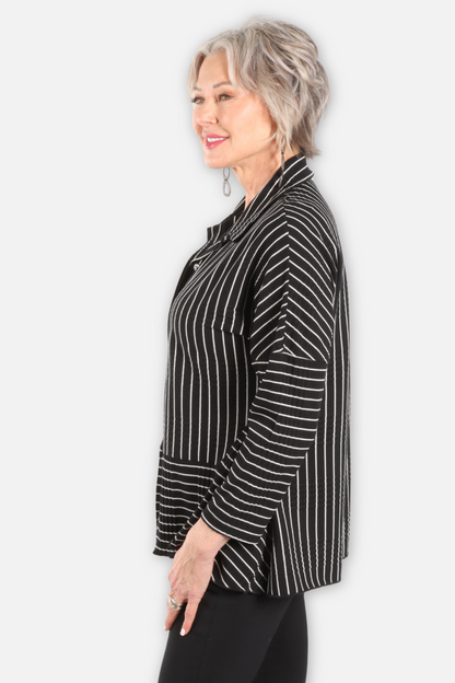 Wave Rib Mix Stripe Knit Shirt - Black