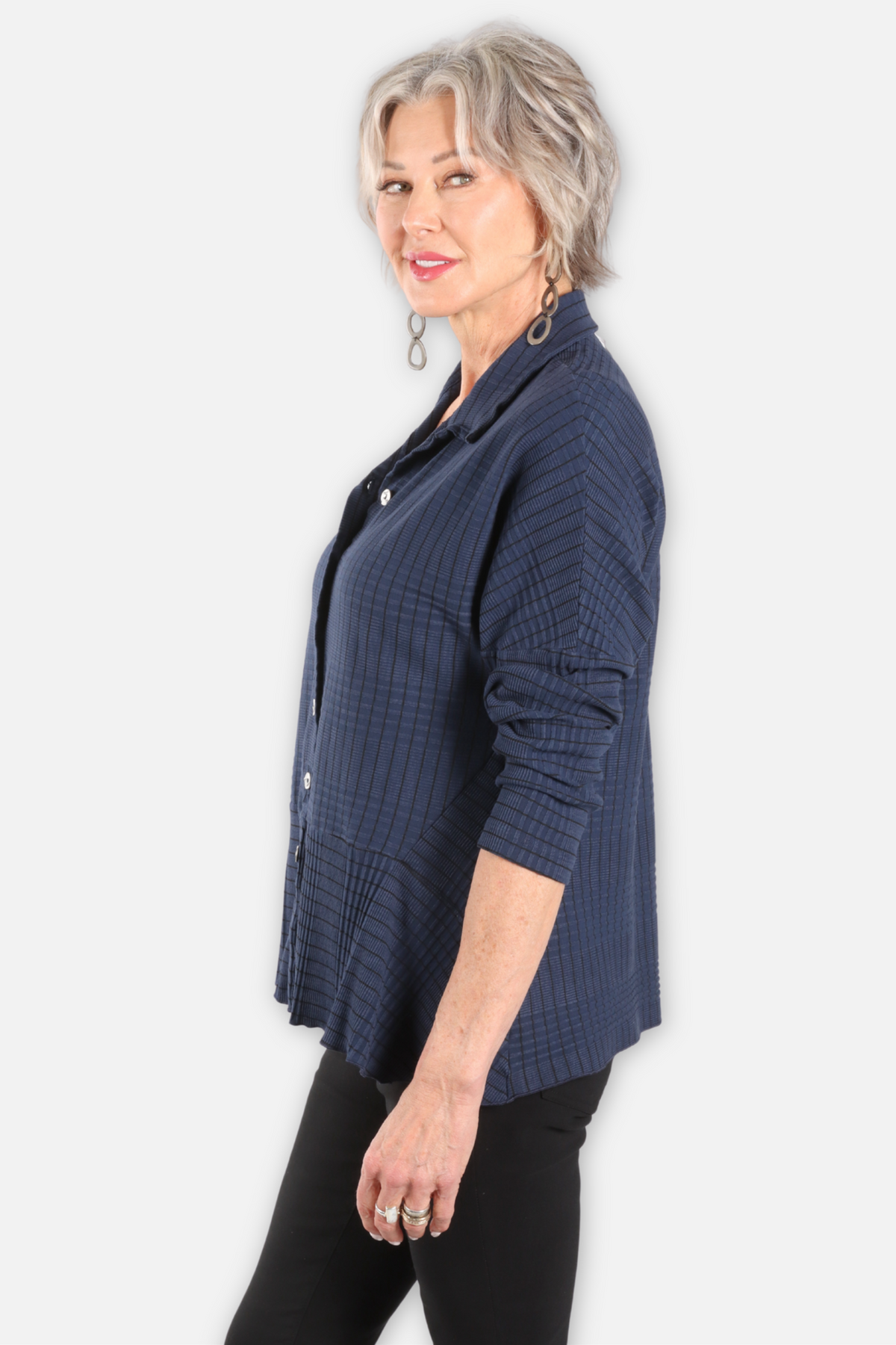 Wave Rib Mix Stripe Knit Shirt - Denim