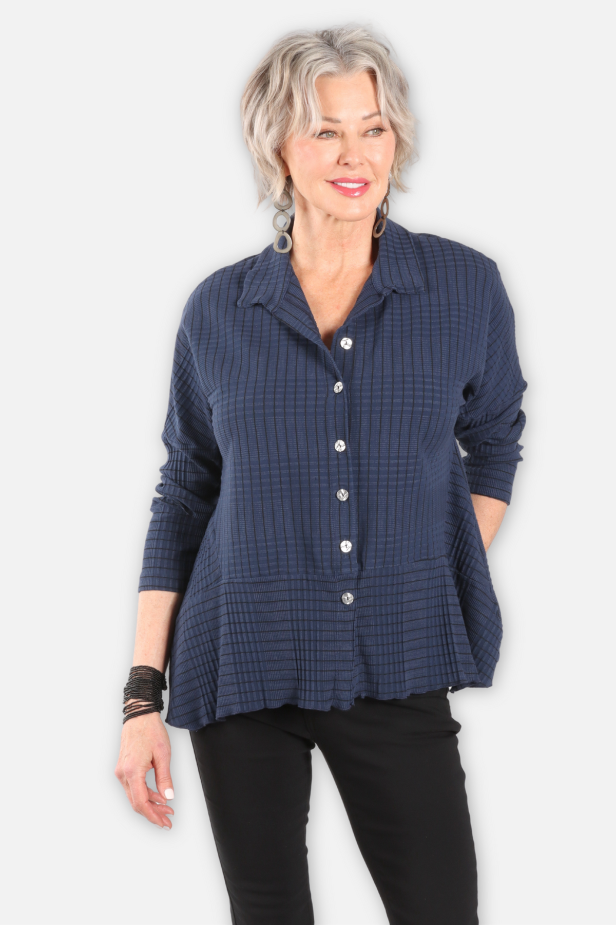 Wave Rib Mix Stripe Knit Shirt - Denim