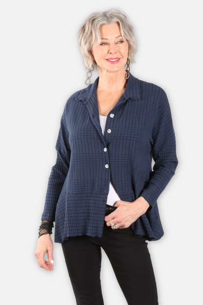 Wave Rib Mix Stripe Knit Shirt - Denim