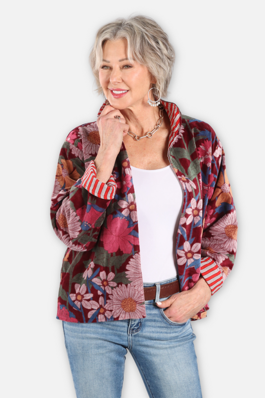 Velvet Floral Jacket - Burgundy