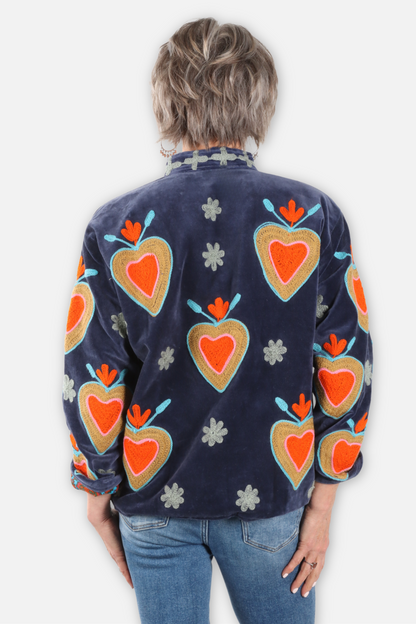 Fire Heart Embroidered Velvet Jacket - Navy