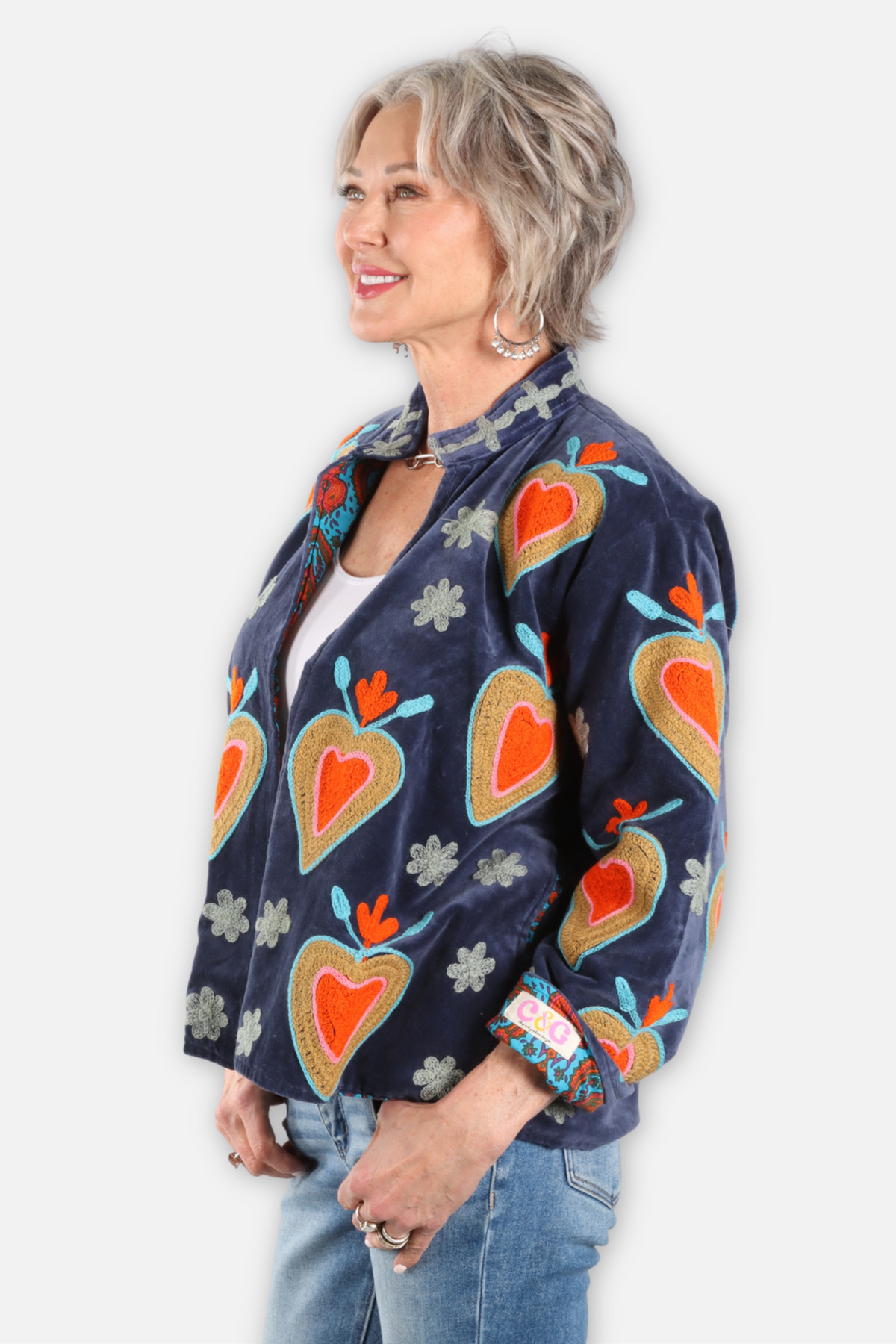 Fire Heart Embroidered Velvet Jacket - Navy