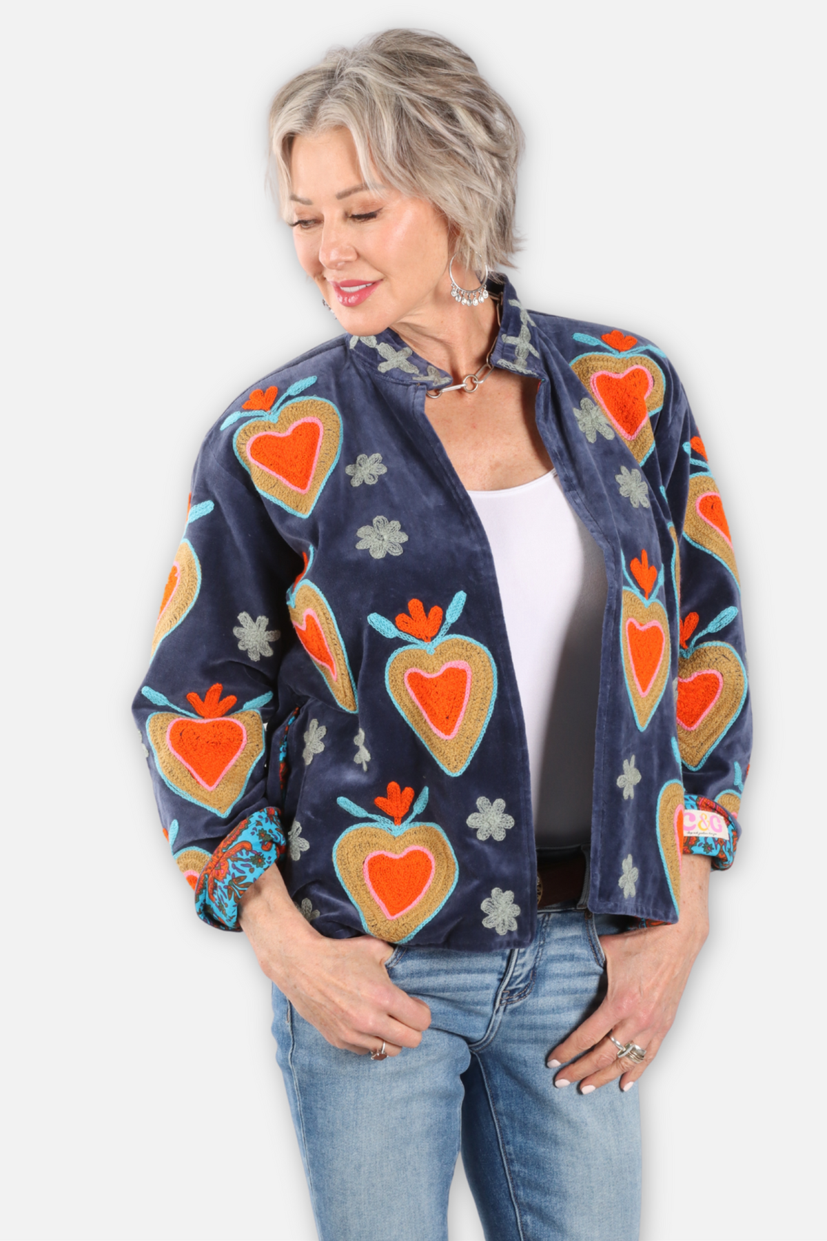 Fire Heart Embroidered Velvet Jacket - Navy