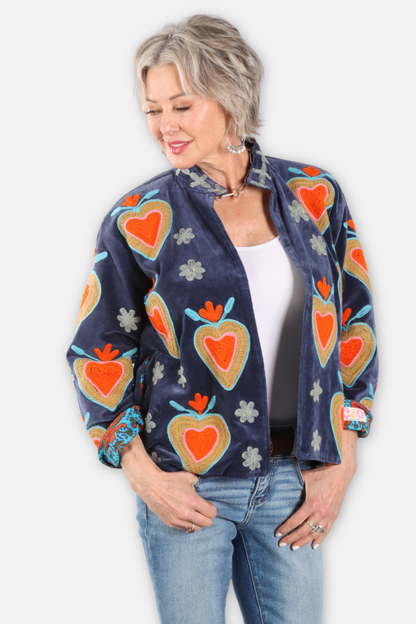 Fire Heart Embroidered Velvet Jacket - Navy