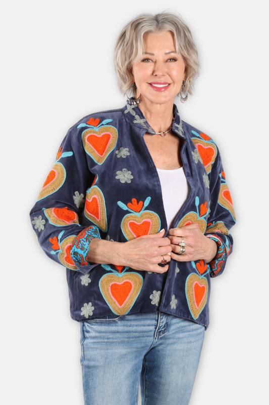 Fire Heart Embroidered Velvet Jacket - Navy