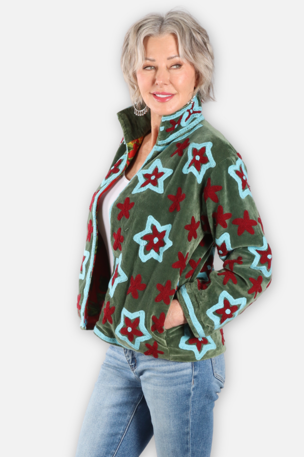 Stardust Embroidered Velvet Jacket - Green