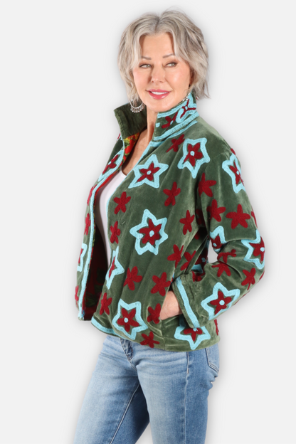 Stardust Embroidered Velvet Jacket - Green