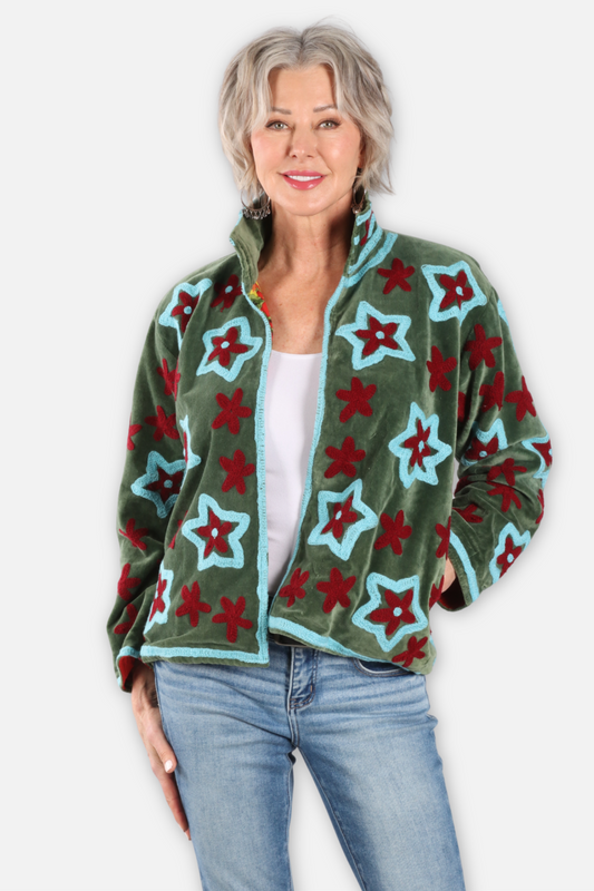 Stardust Embroidered Velvet Jacket - Green