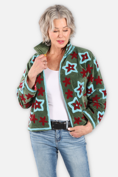 Stardust Embroidered Velvet Jacket - Green