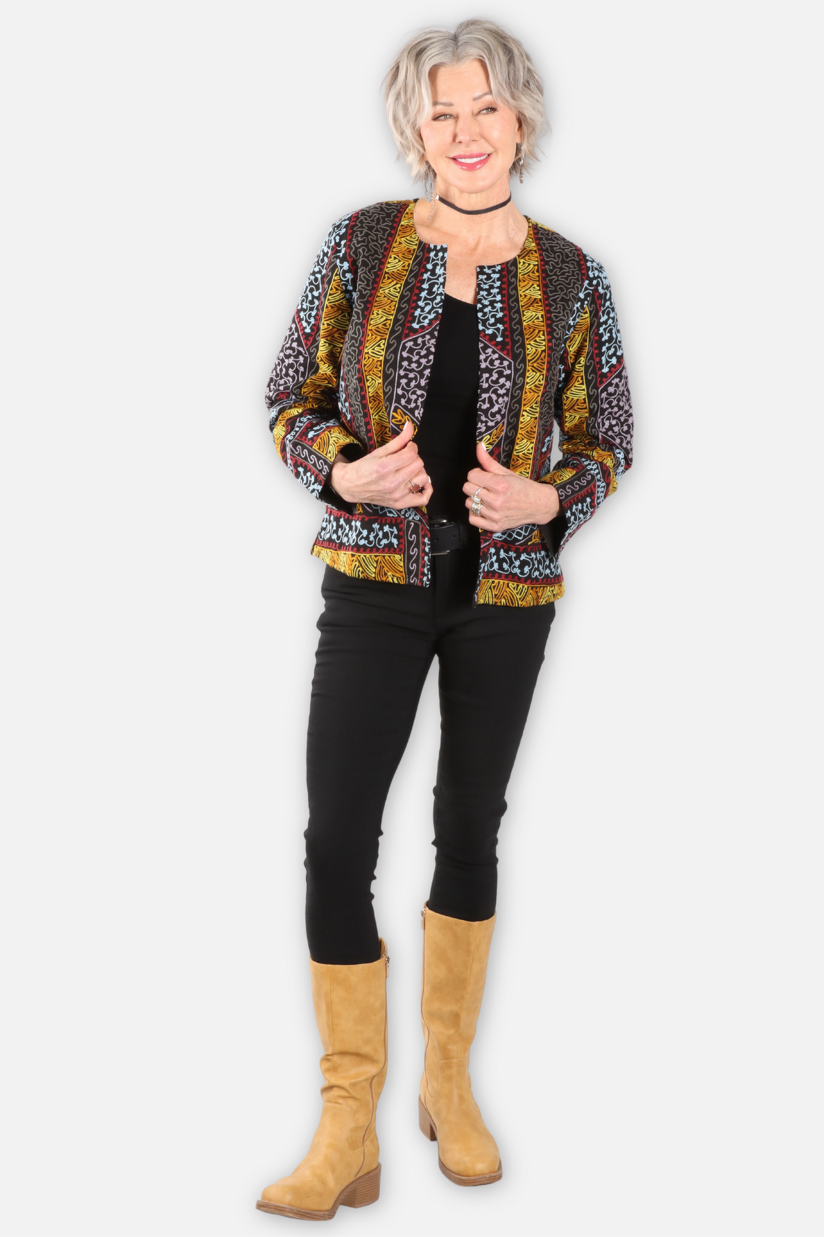 Embroidered Open Jacket - Black Multi