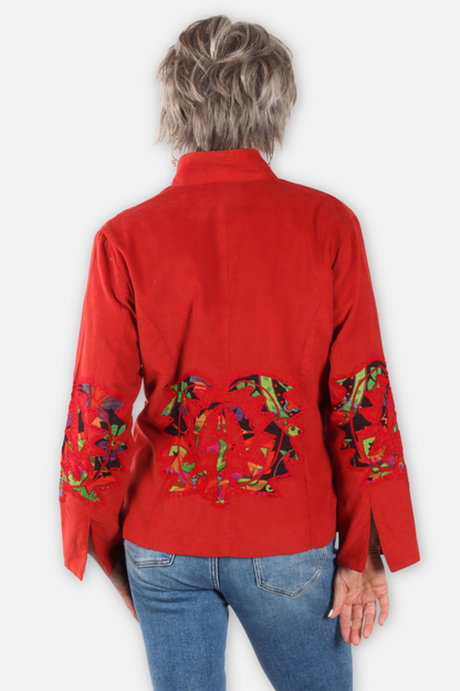 Corduroy Applique Mandarin Jacket - Red