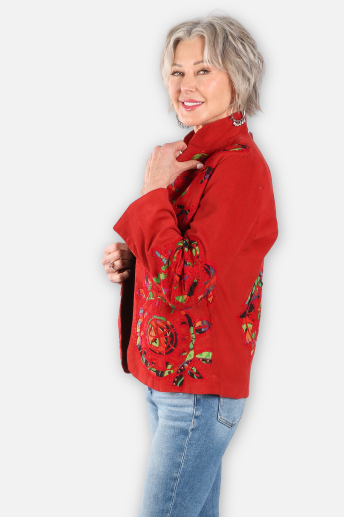 Corduroy Applique Mandarin Jacket - Red