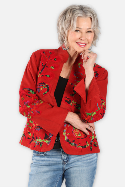 Corduroy Applique Mandarin Jacket - Red