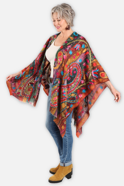 Embroidered Ruana - Hanging Garden