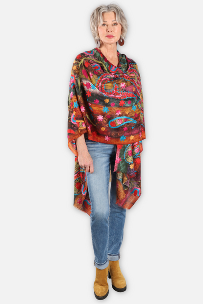Embroidered Ruana - Hanging Garden