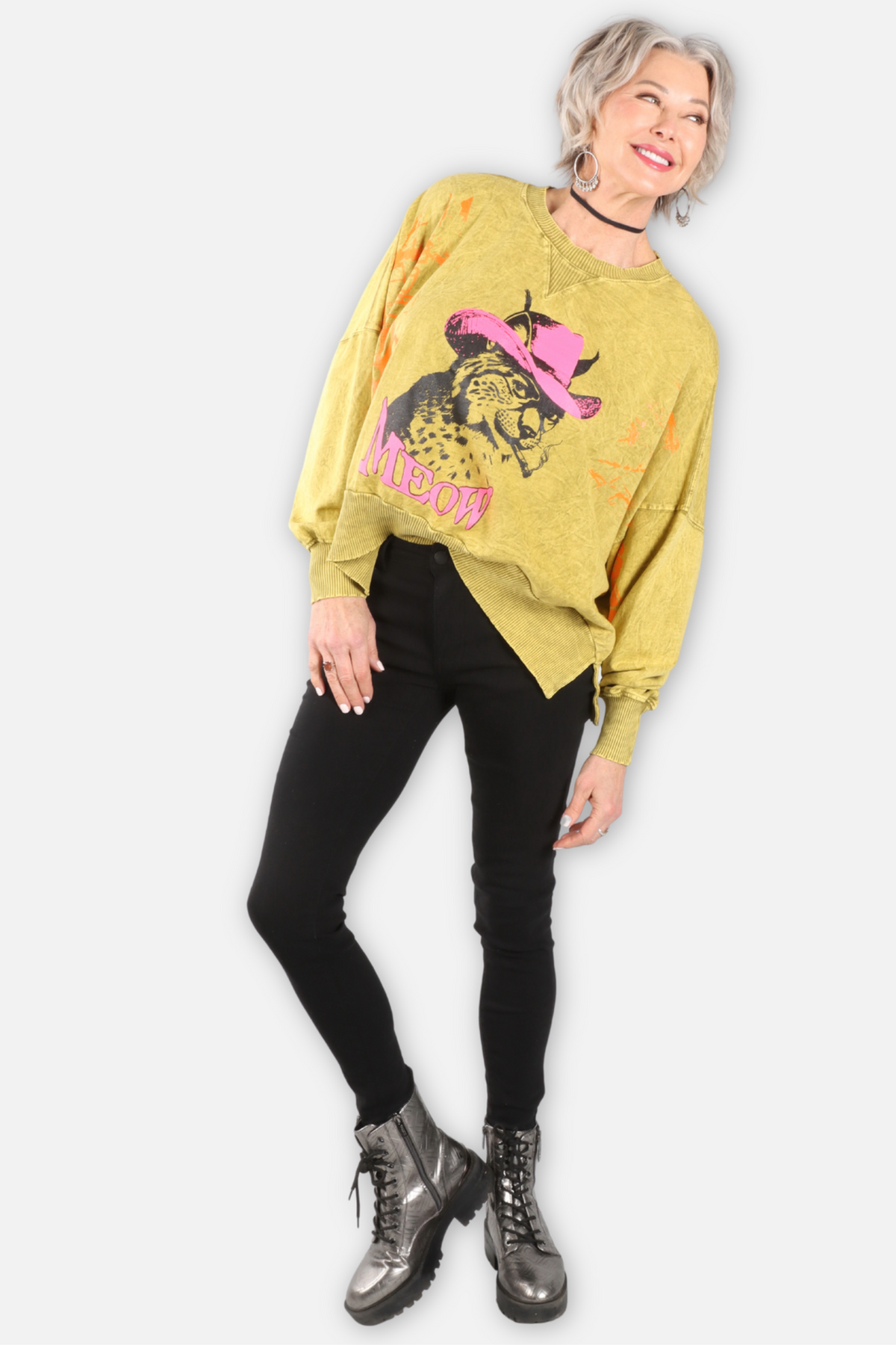 Cat's Meow Oversized Sweatshirt - Chartreuse