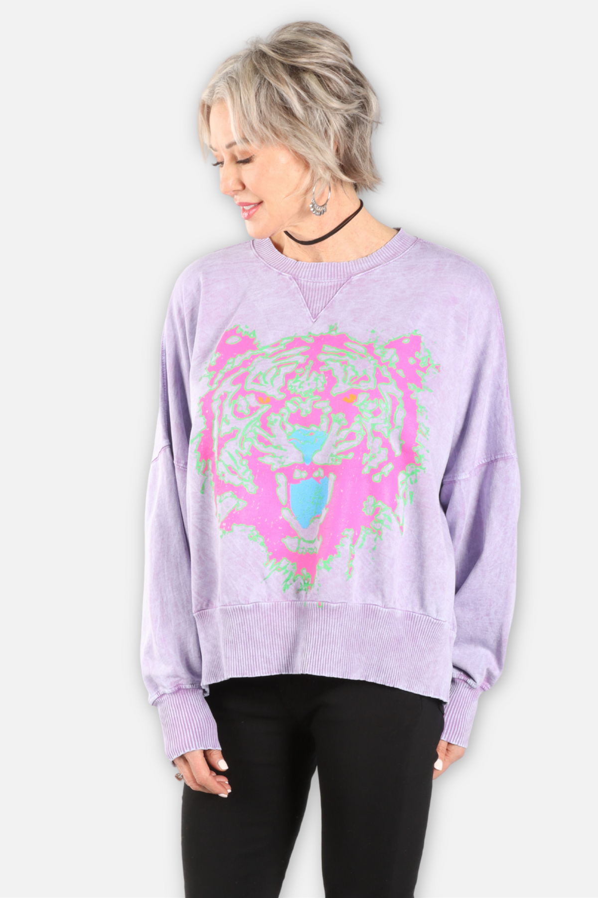 Tiger Face Oversized Sweatshirt - Lavender