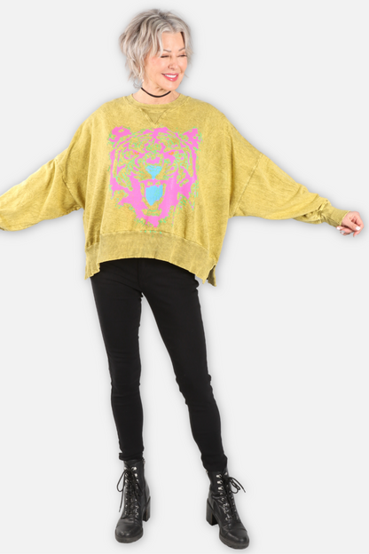 Tiger Face Oversized Sweatshirt - Chartreuse