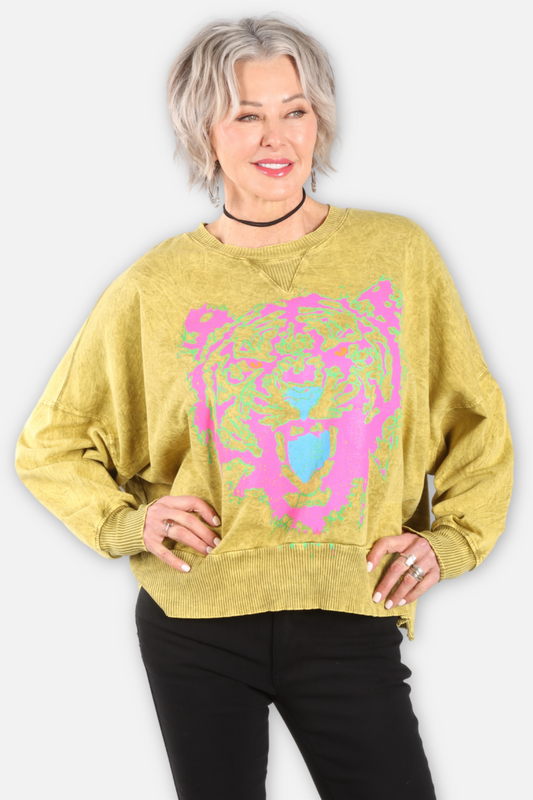 Tiger Face Oversized Sweatshirt - Chartreuse