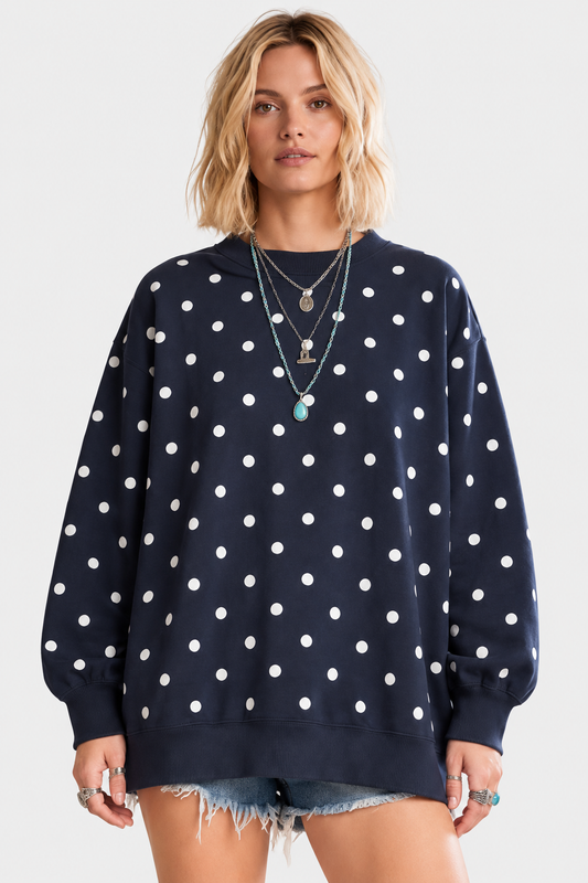 Oversized Polka Dot Scuba Pullover - Navy & White