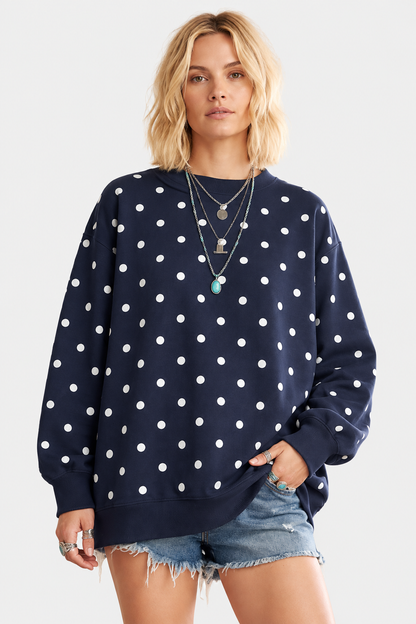 Oversized Polka Dot Scuba Pullover - Navy & White