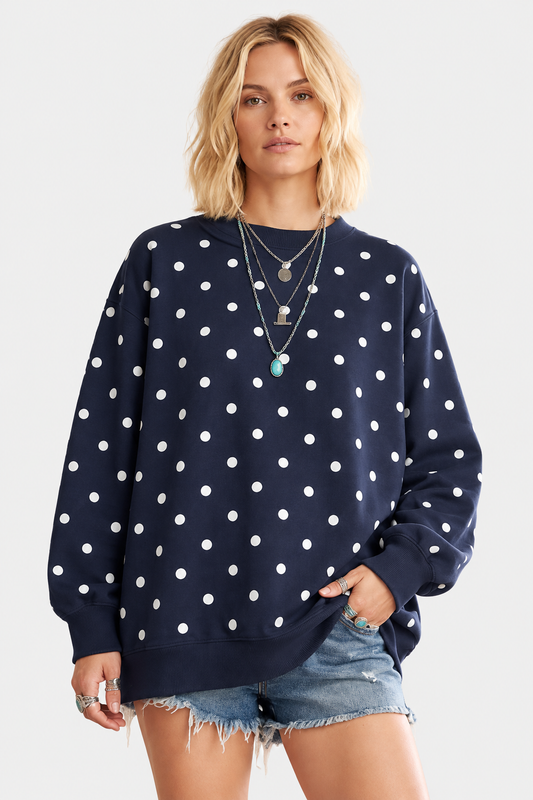 Oversized Polka Dot Scuba Pullover - Navy & White