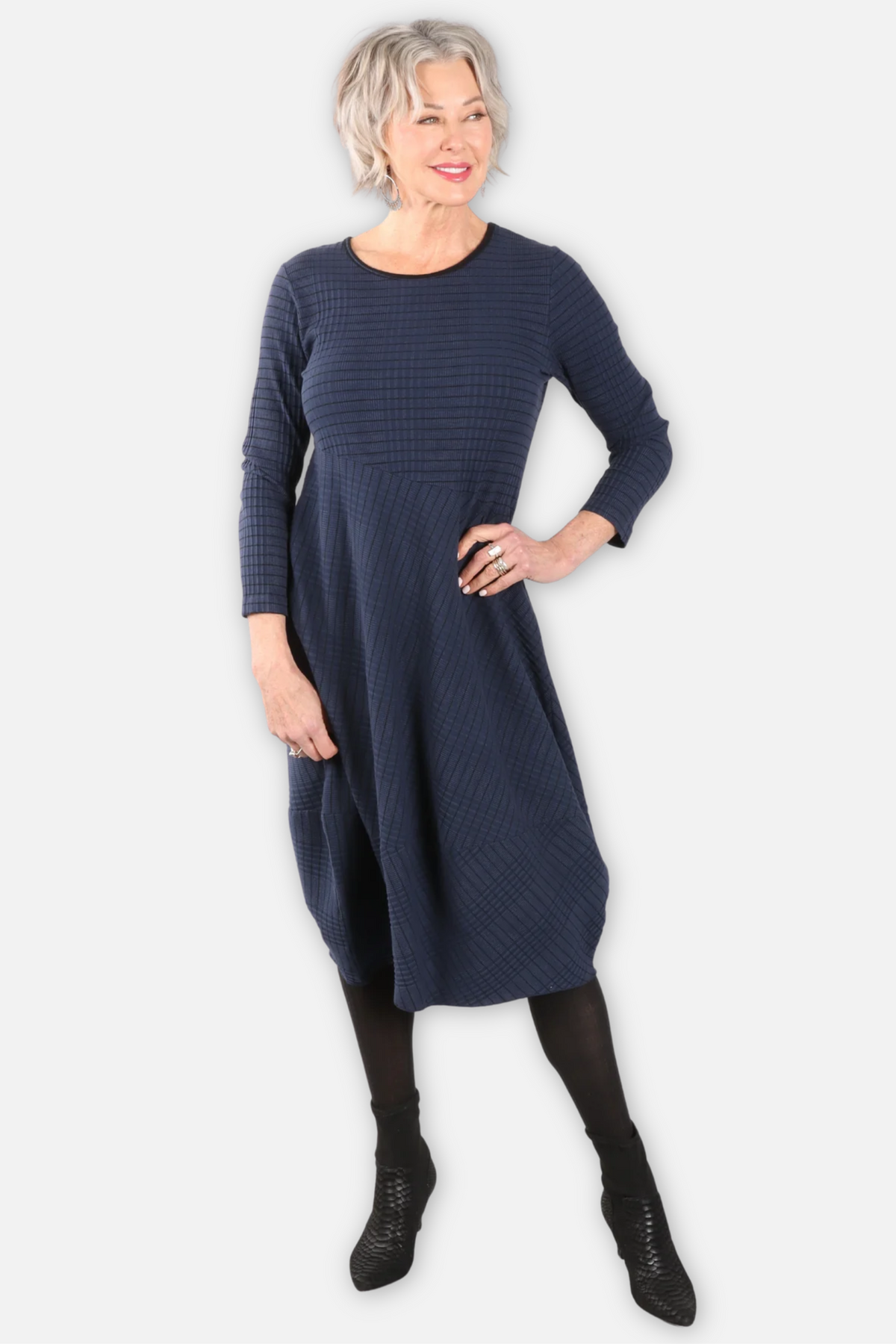 Wave Rib Mix Stripe Knit Dress - Denim