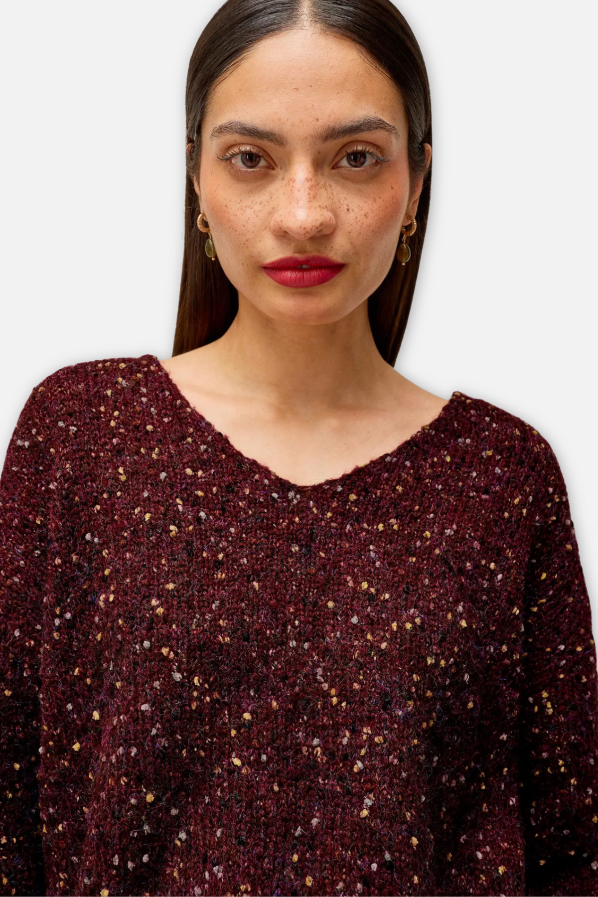 Textured V Neck Sweater - Dark Plum
