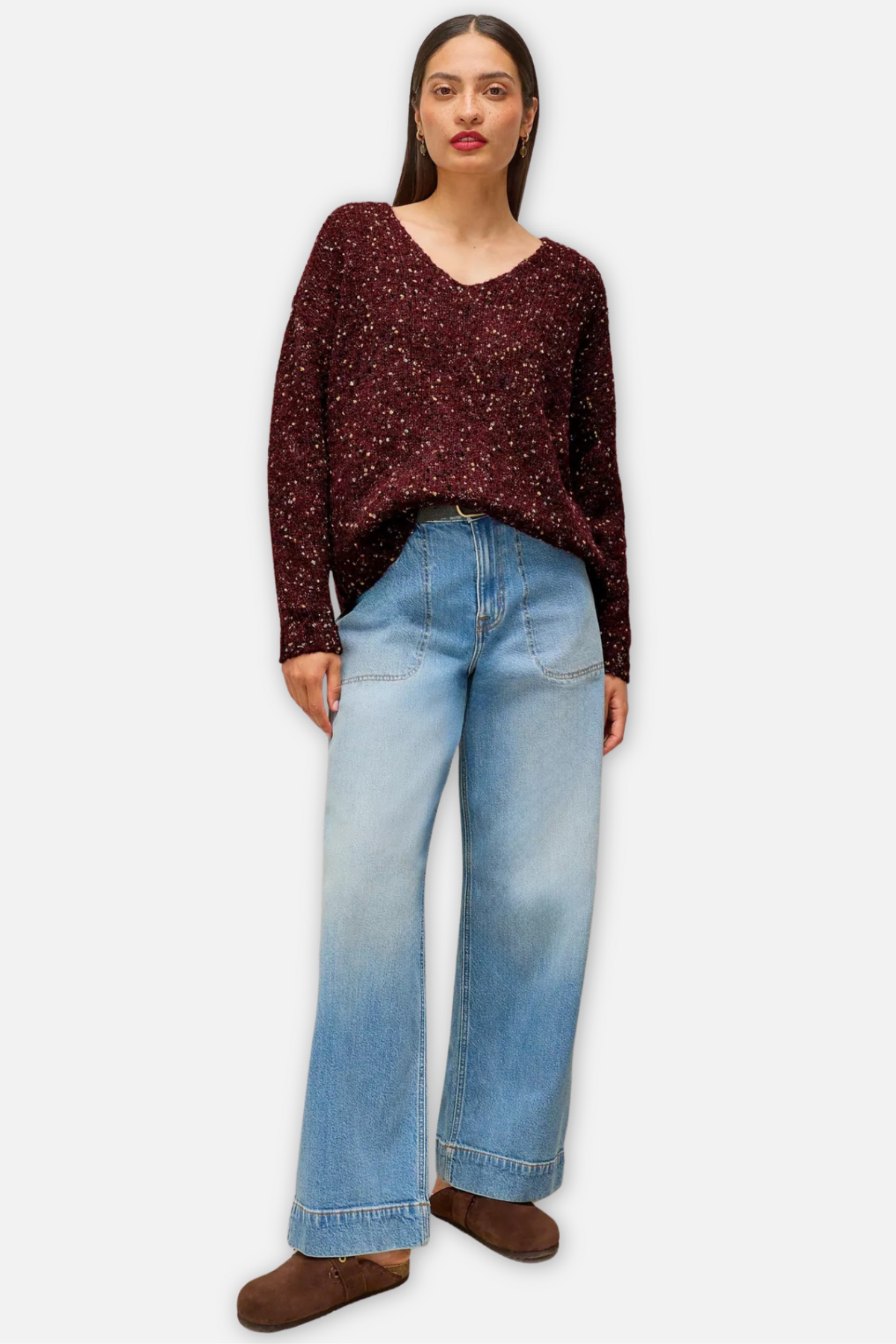 Textured V Neck Sweater - Dark Plum