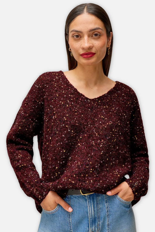 Textured V Neck Sweater - Dark Plum