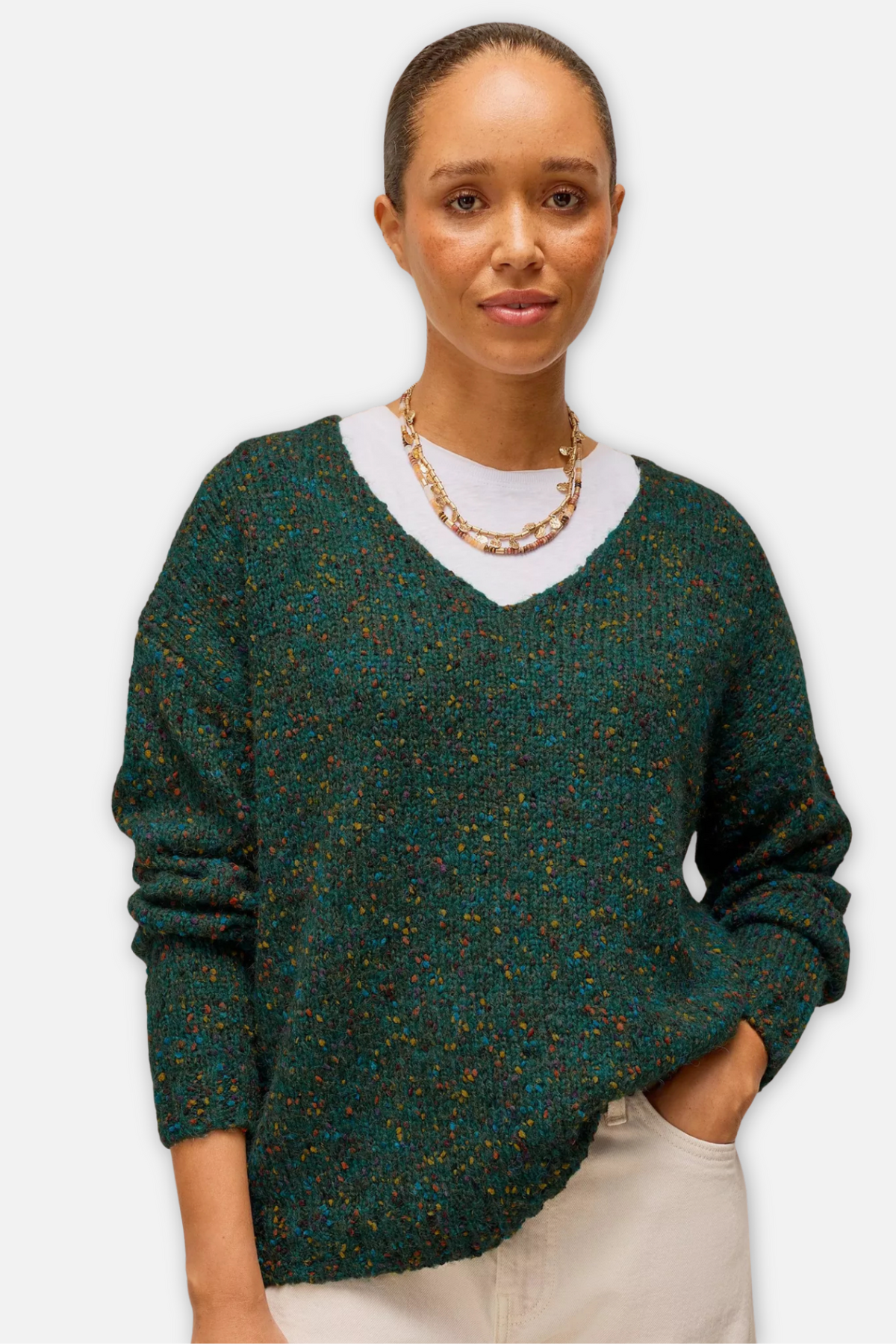 Textured V Neck Sweater - Dark Green