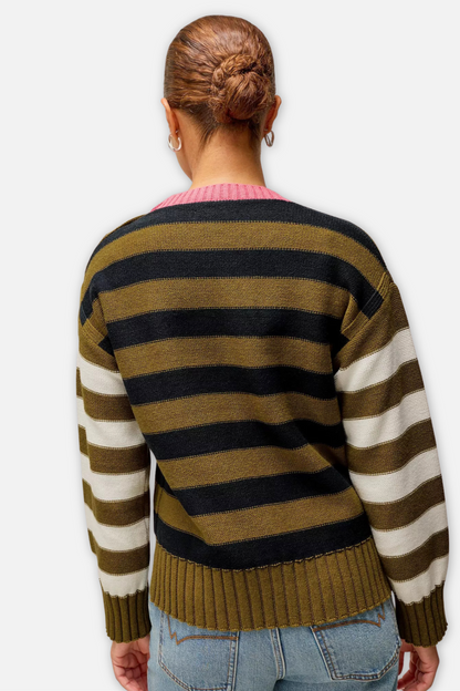 Bea Button Shoulder Stripe Sweater - Green Multi