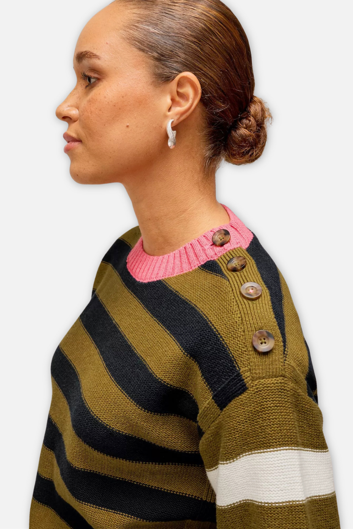 Bea Button Shoulder Stripe Sweater - Green Multi