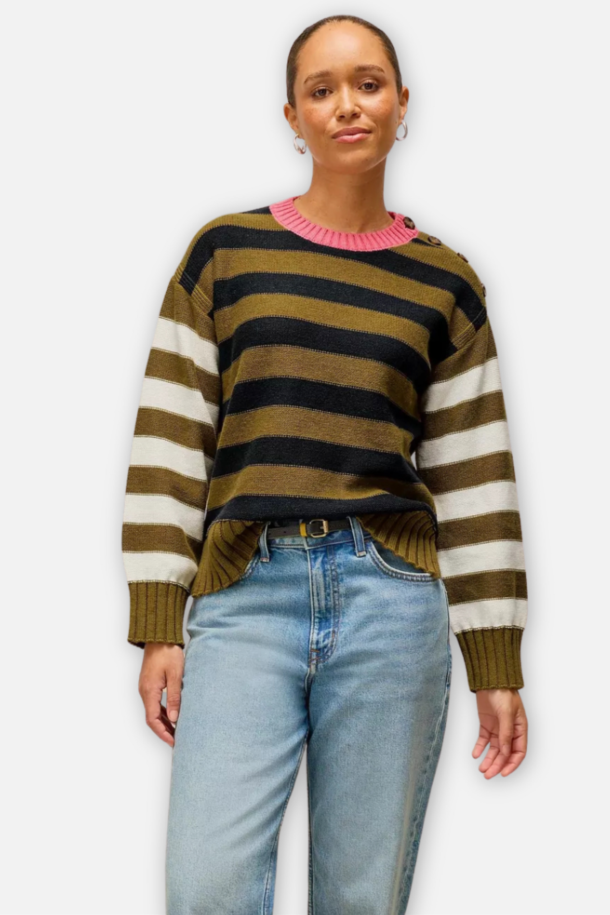 Bea Button Shoulder Stripe Sweater - Green Multi