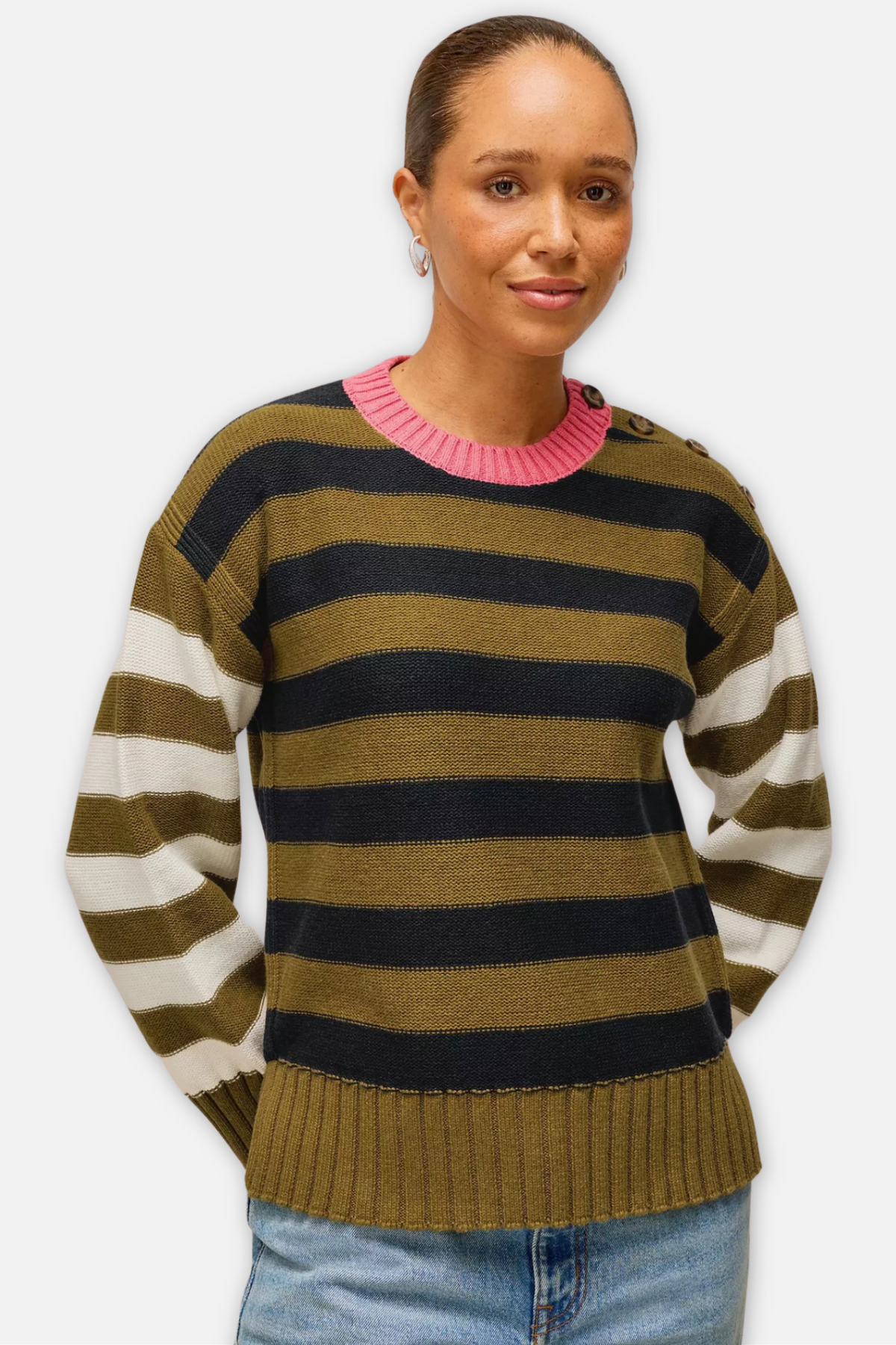 Bea Button Shoulder Stripe Sweater - Green Multi