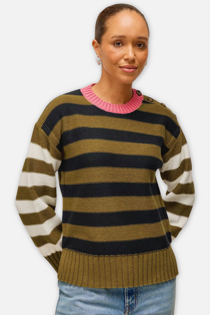Bea Button Shoulder Stripe Sweater - Green Multi
