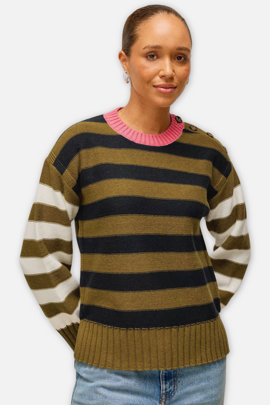 Bea Button Shoulder Stripe Sweater - Green Multi