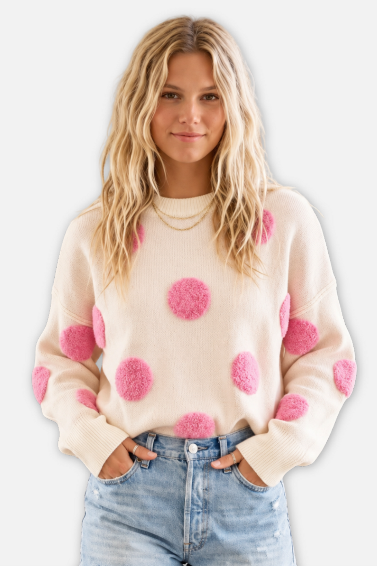 Textured Polka Dot Sweater - Ivory & Pink