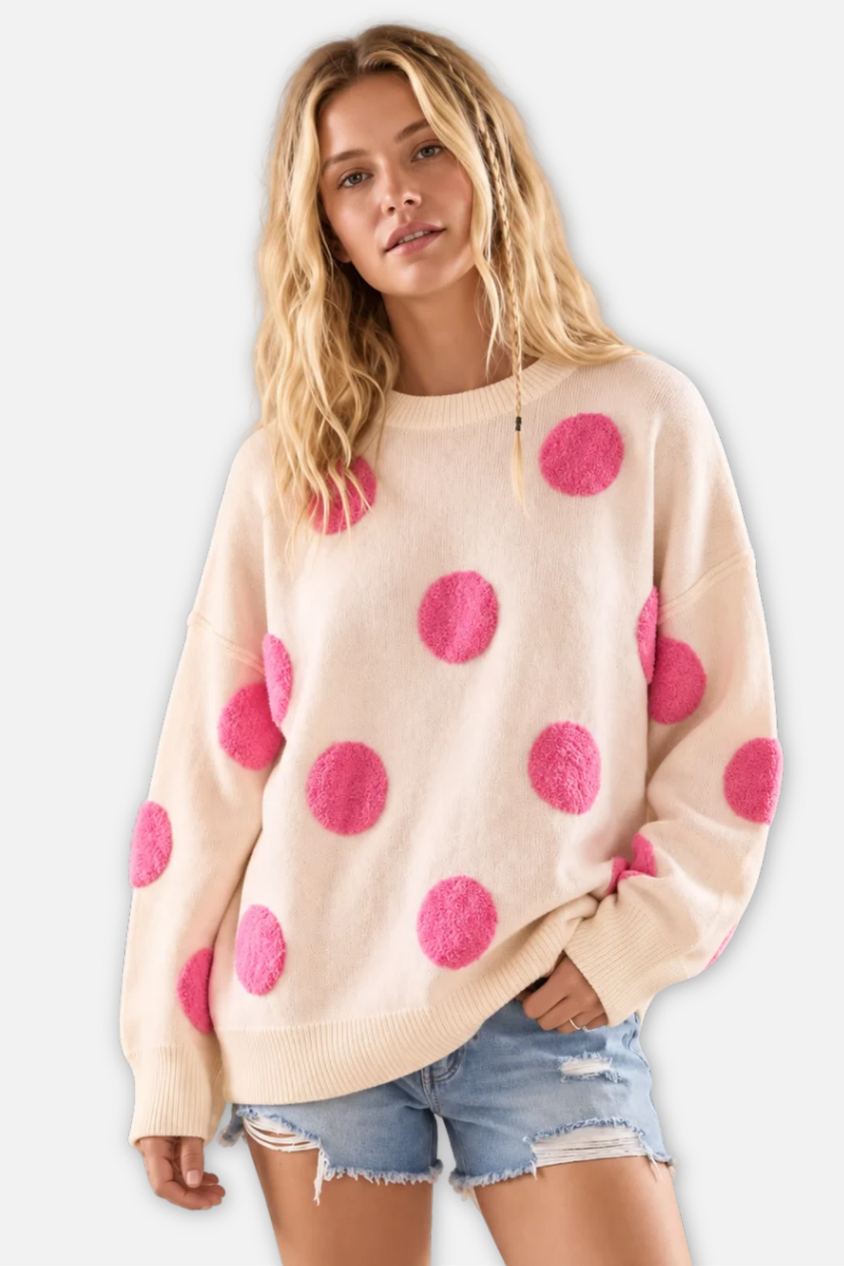 Textured Polka Dot Sweater - Ivory & Pink