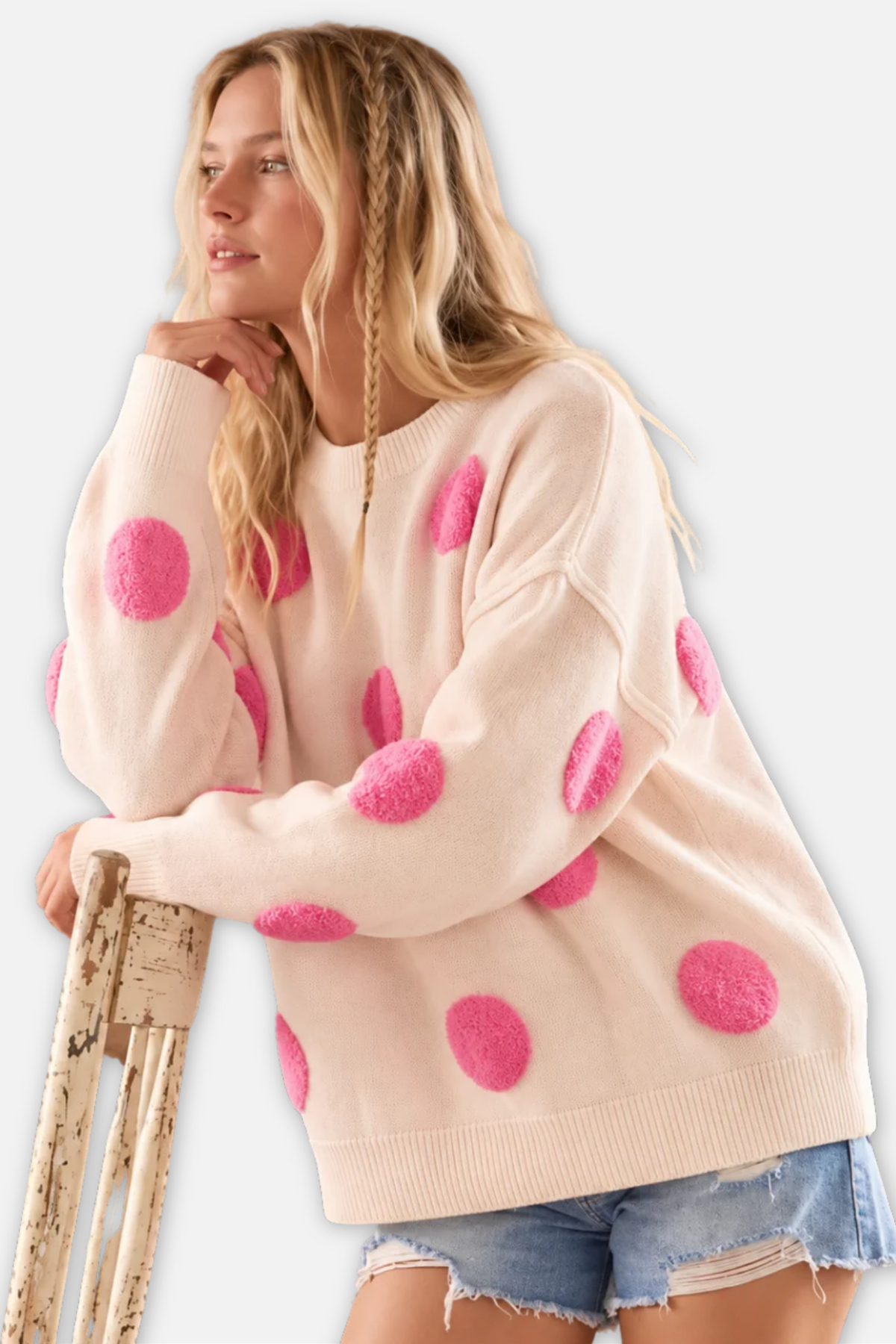 Textured Polka Dot Sweater - Ivory & Pink