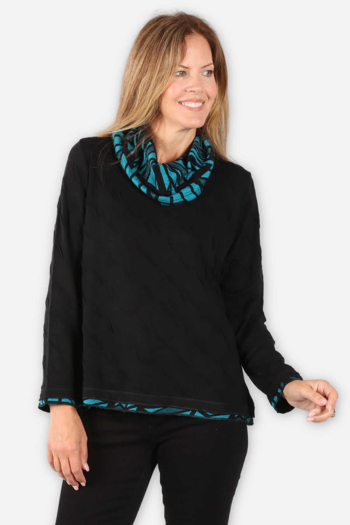 Fatima Cowl Top - Black & Teal