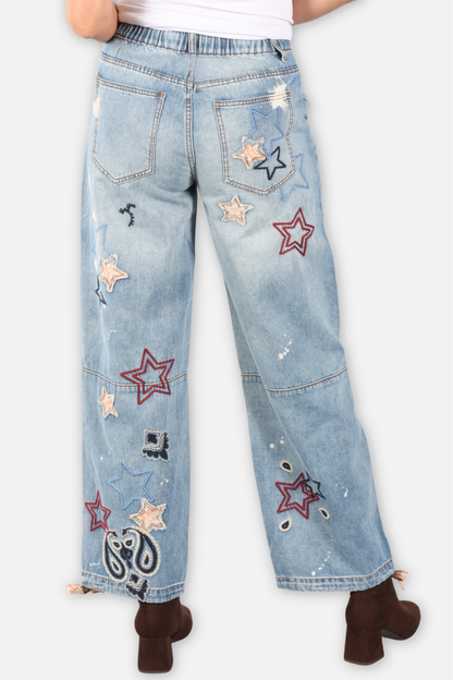 Star Embroidered Jeans - Denim