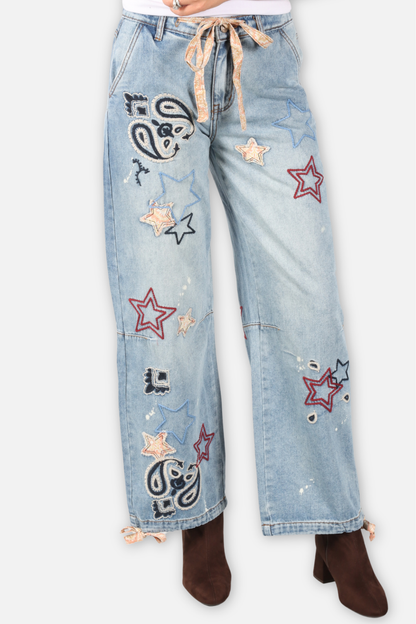 Star Embroidered Jeans - Denim