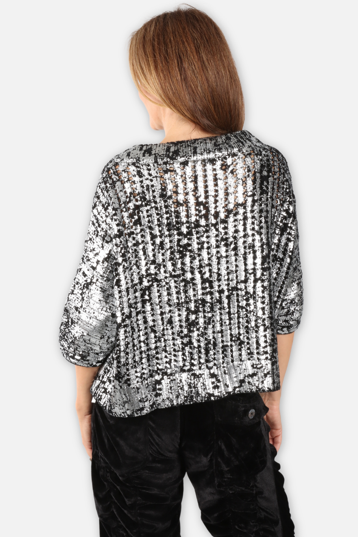 Metallic Open Crochet Sweater - Black & Silver