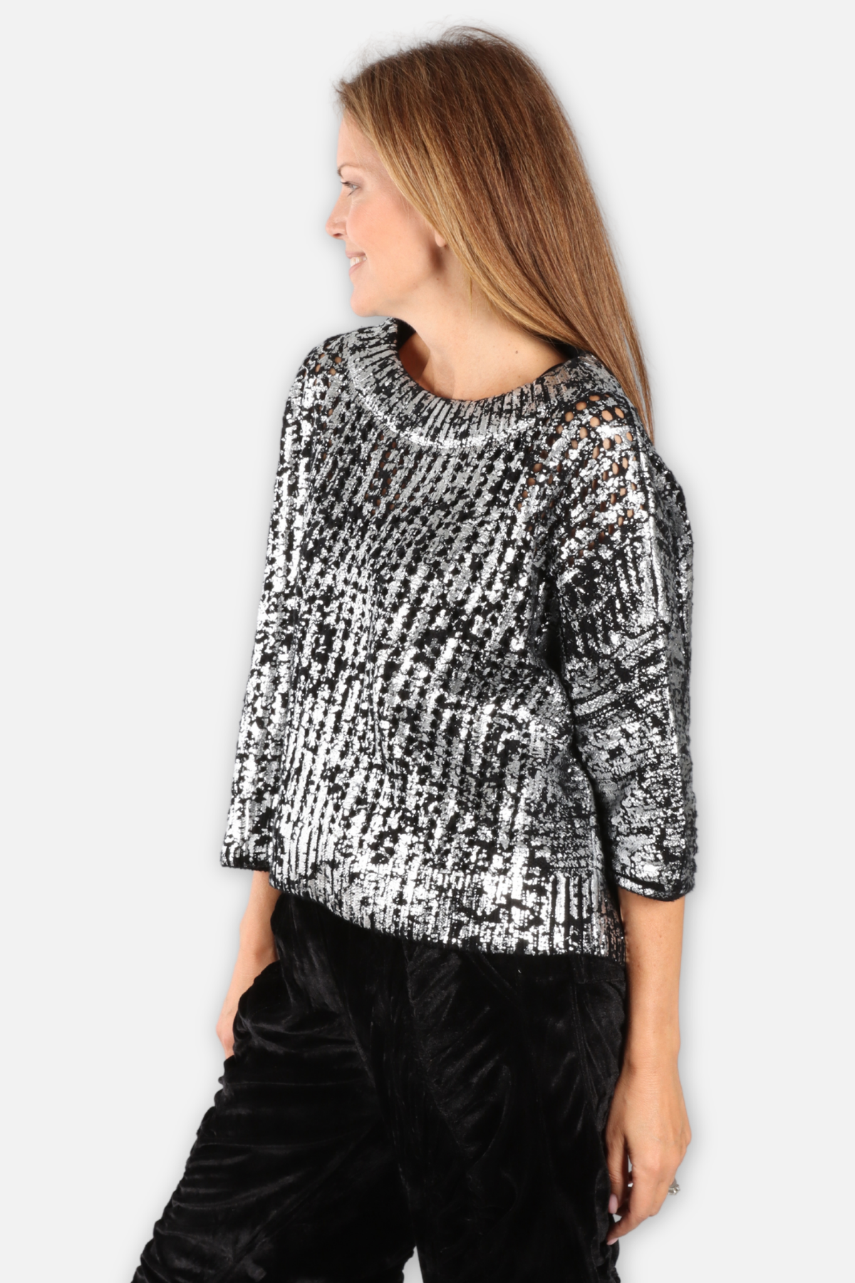 Metallic Open Crochet Sweater - Black & Silver