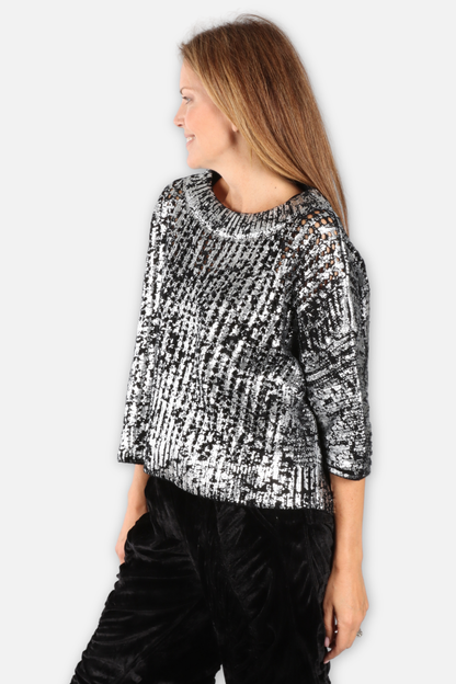 Metallic Open Crochet Sweater - Black & Silver