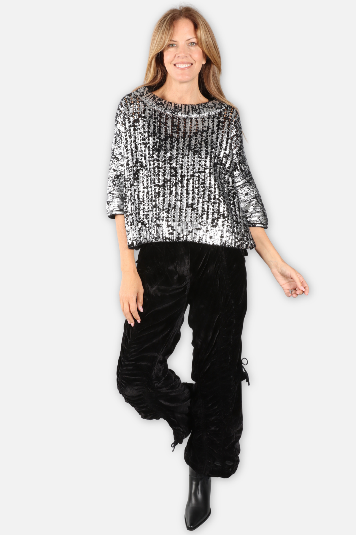 Metallic Open Crochet Sweater - Black & Silver
