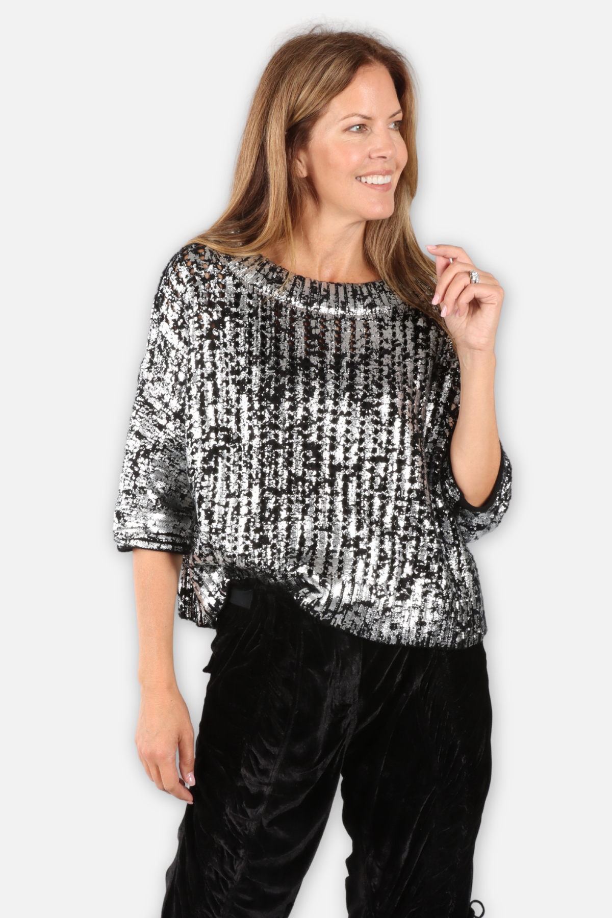 Metallic Open Crochet Sweater - Black & Silver