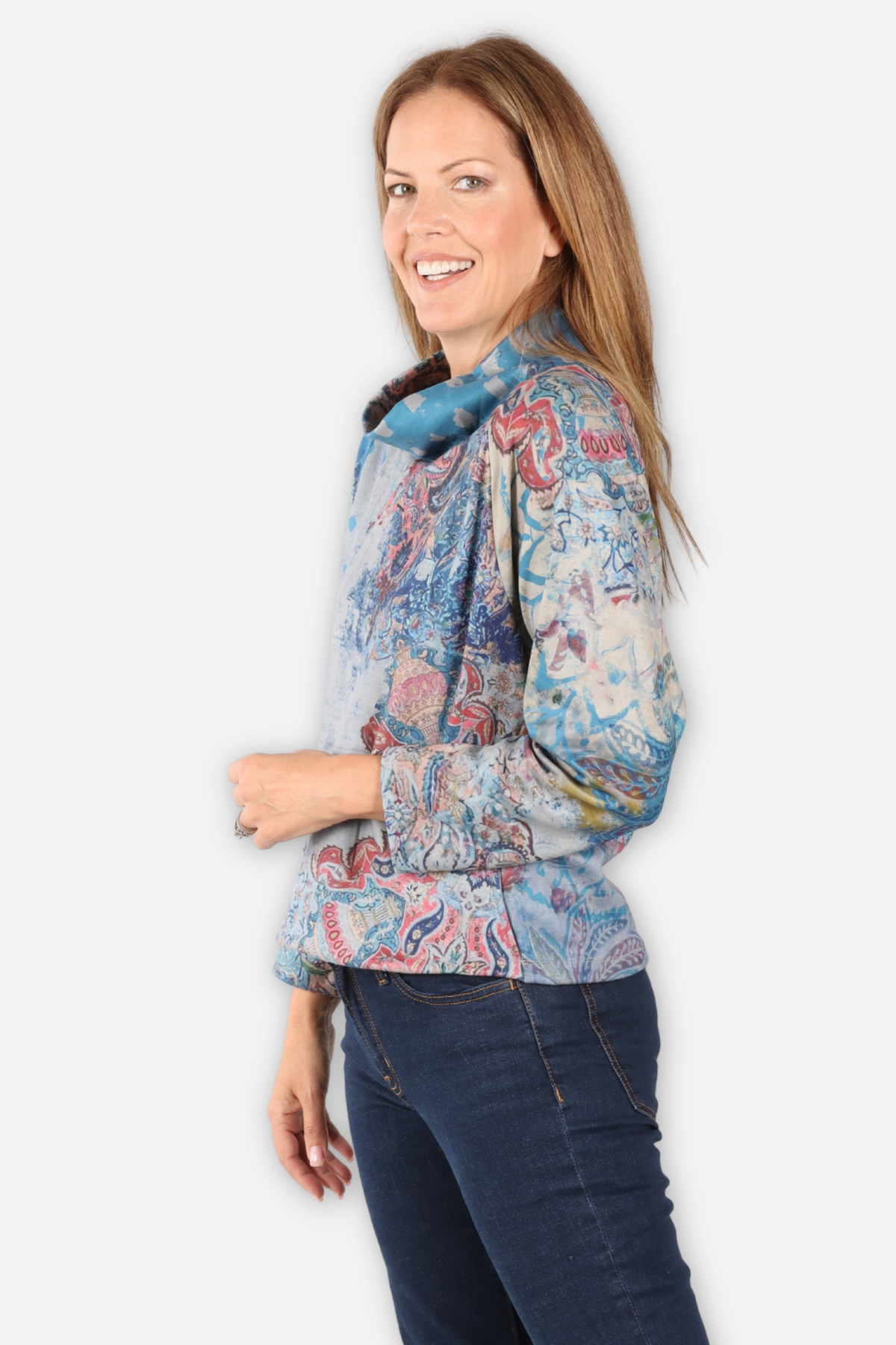 Wide Mock Neck Top - Majolica Abstract